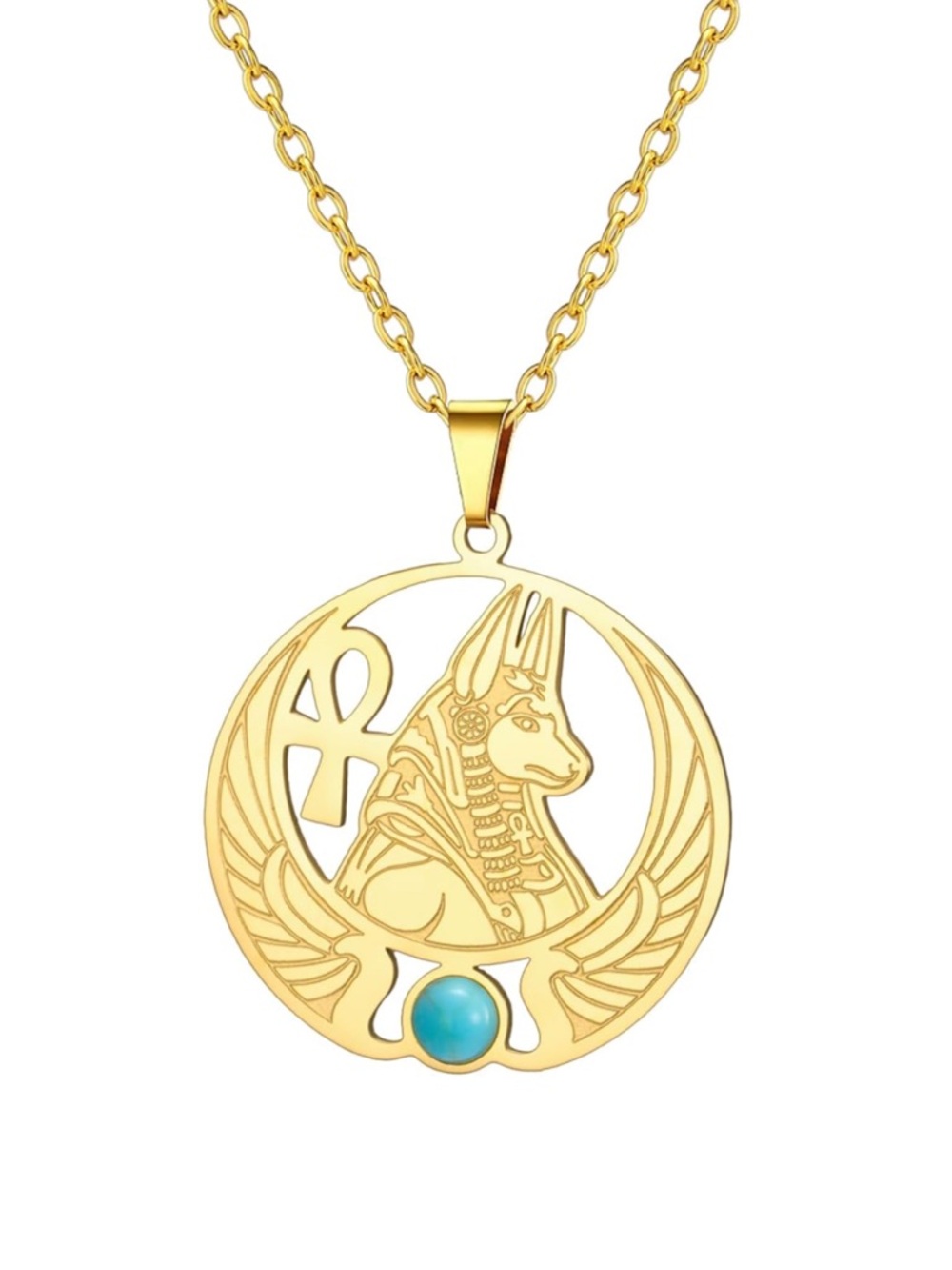 Gold Egyptian Anubis Winged Pendant Necklace with Turquoise Accent